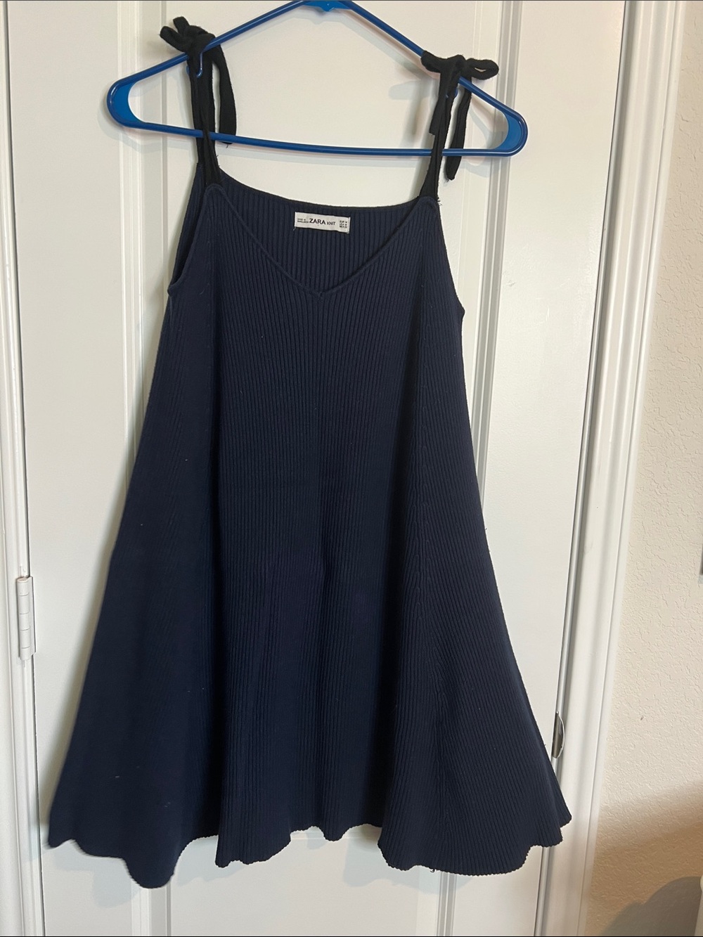 Zara Navy Ribbed Tie-Shoulder Knit Dress